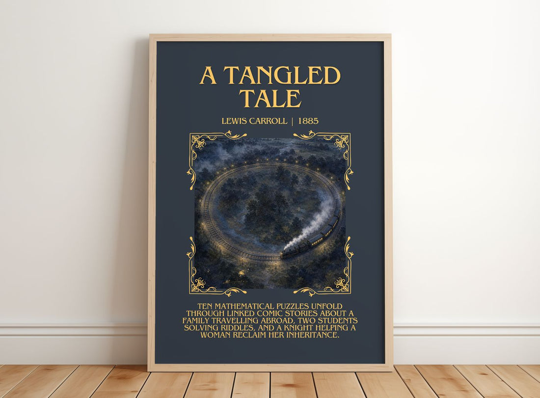 A Tangled Tale Minimalist Book Poster by Lewis Carroll – framed print leaning on a wooden floor