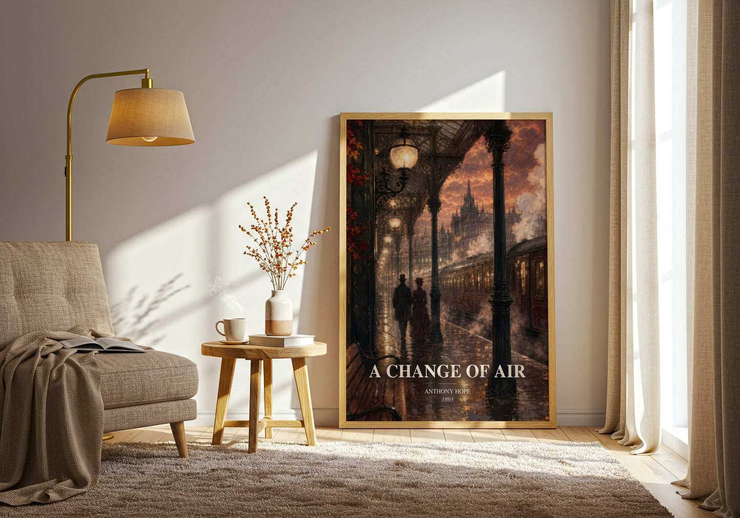 A Change Of Air watercolour print in frame leaning in hallway – literary fiction wall art