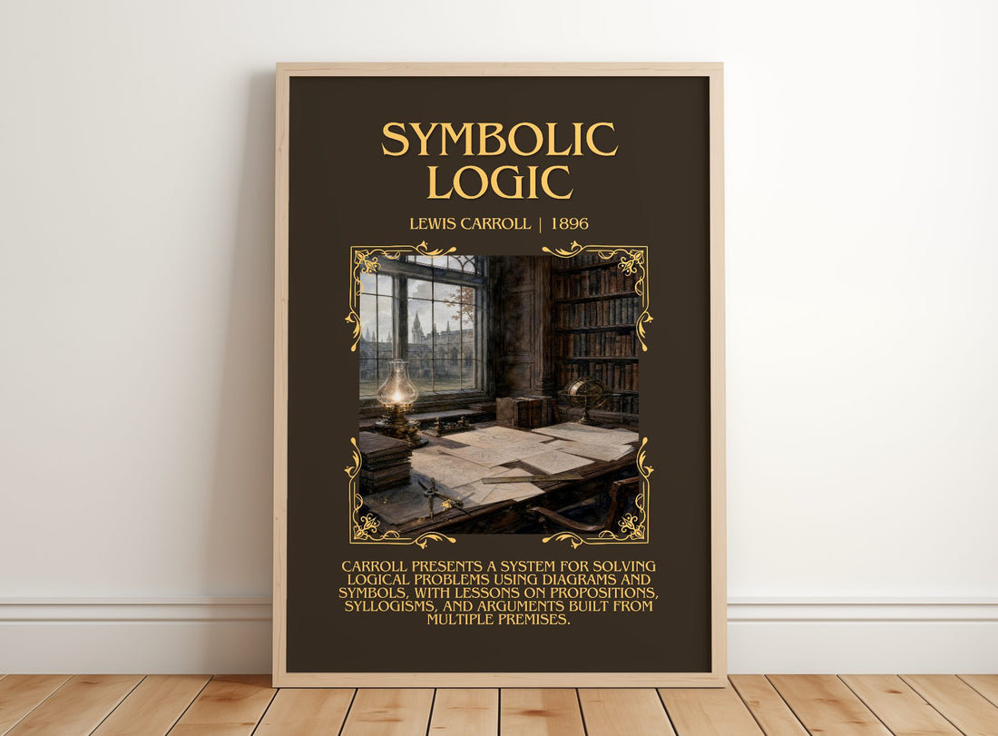 Symbolic Logic Minimalist Book Poster by Lewis Carroll – framed print leaning on a wooden floor