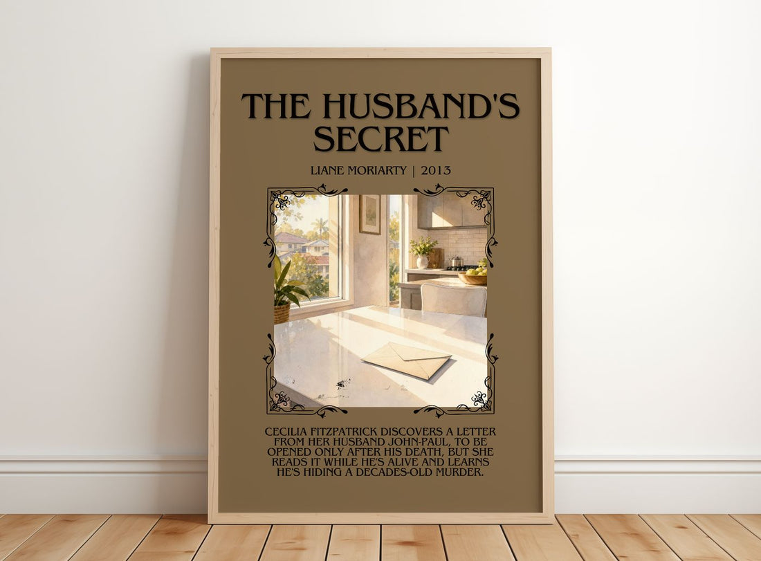 The Husband'S Secret Minimalist Book Poster by Liane Moriarty – framed print leaning on a wooden floor
