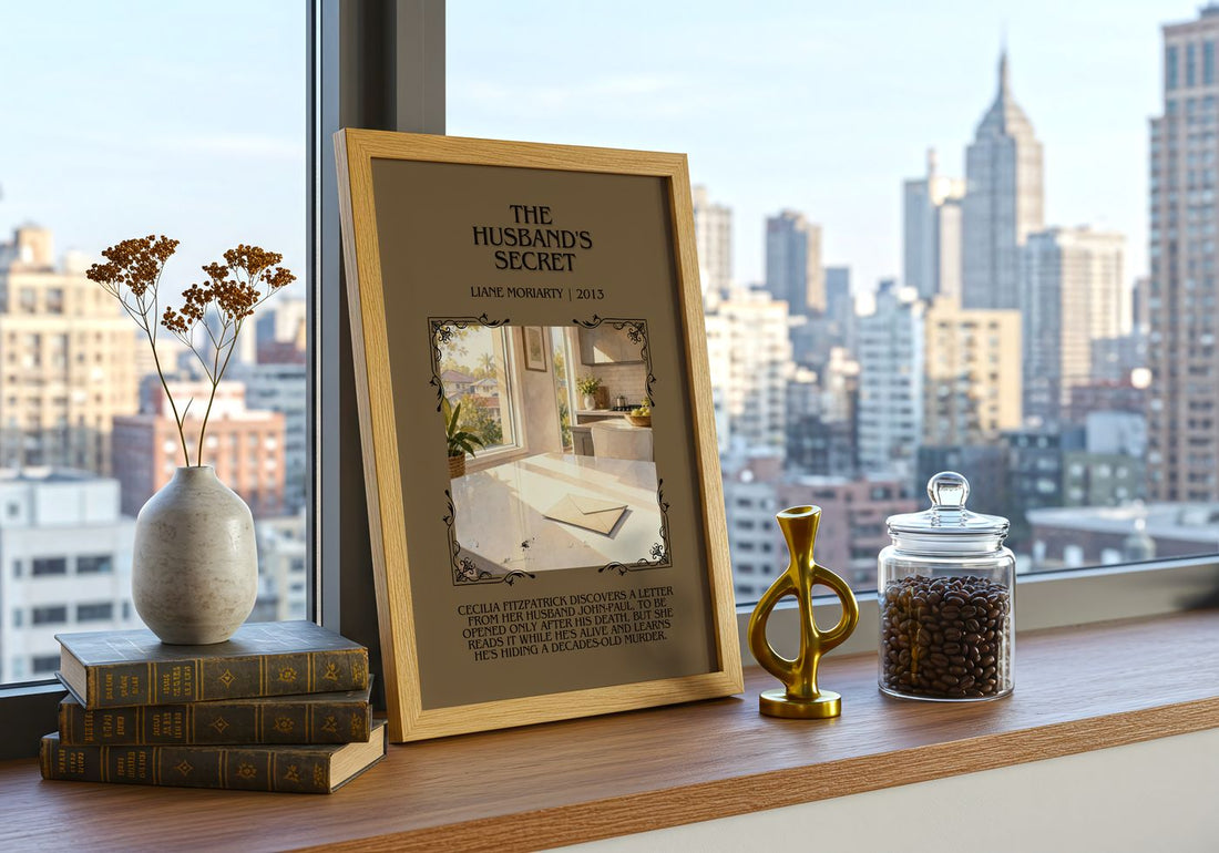 The Husband'S Secret Minimalist Book Poster by Liane Moriarty – framed print on a city-view windowsill
