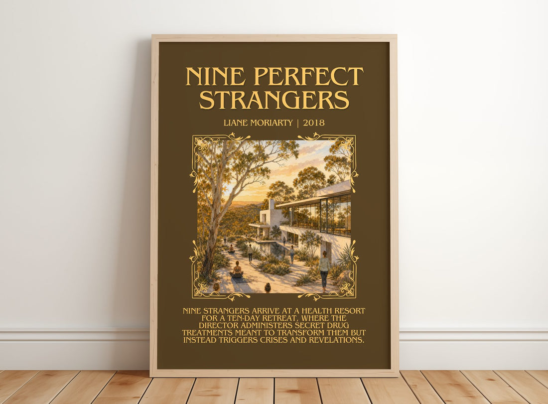 Nine Perfect Strangers Minimalist Book Poster by Liane Moriarty – framed print leaning on a wooden floor
