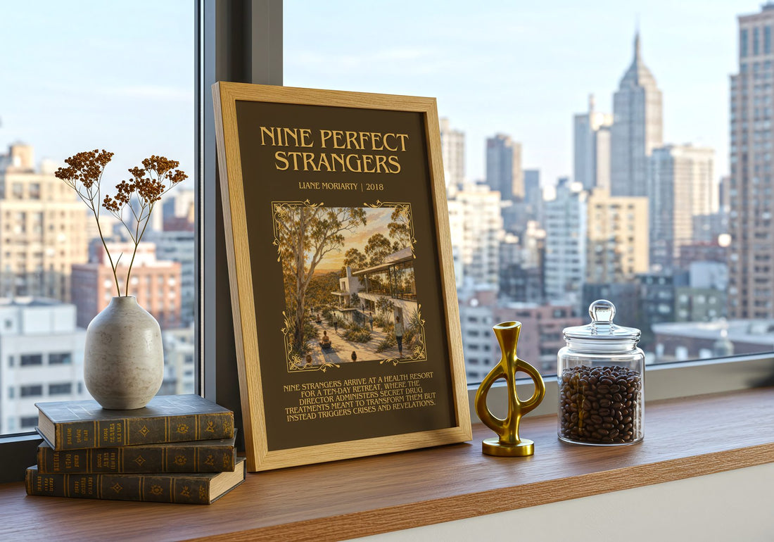 Nine Perfect Strangers Minimalist Book Poster by Liane Moriarty – framed print on a city-view windowsill