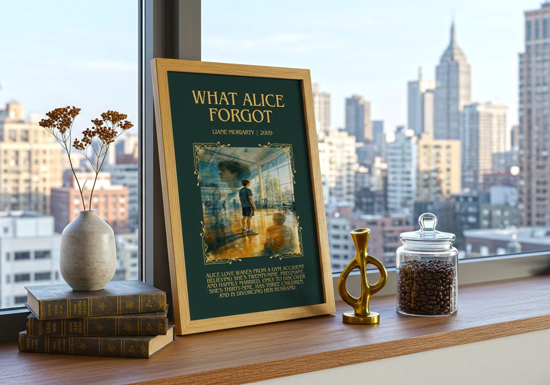 What Alice Forgot Minimalist Book Poster by Liane Moriarty – framed print on a city-view windowsill