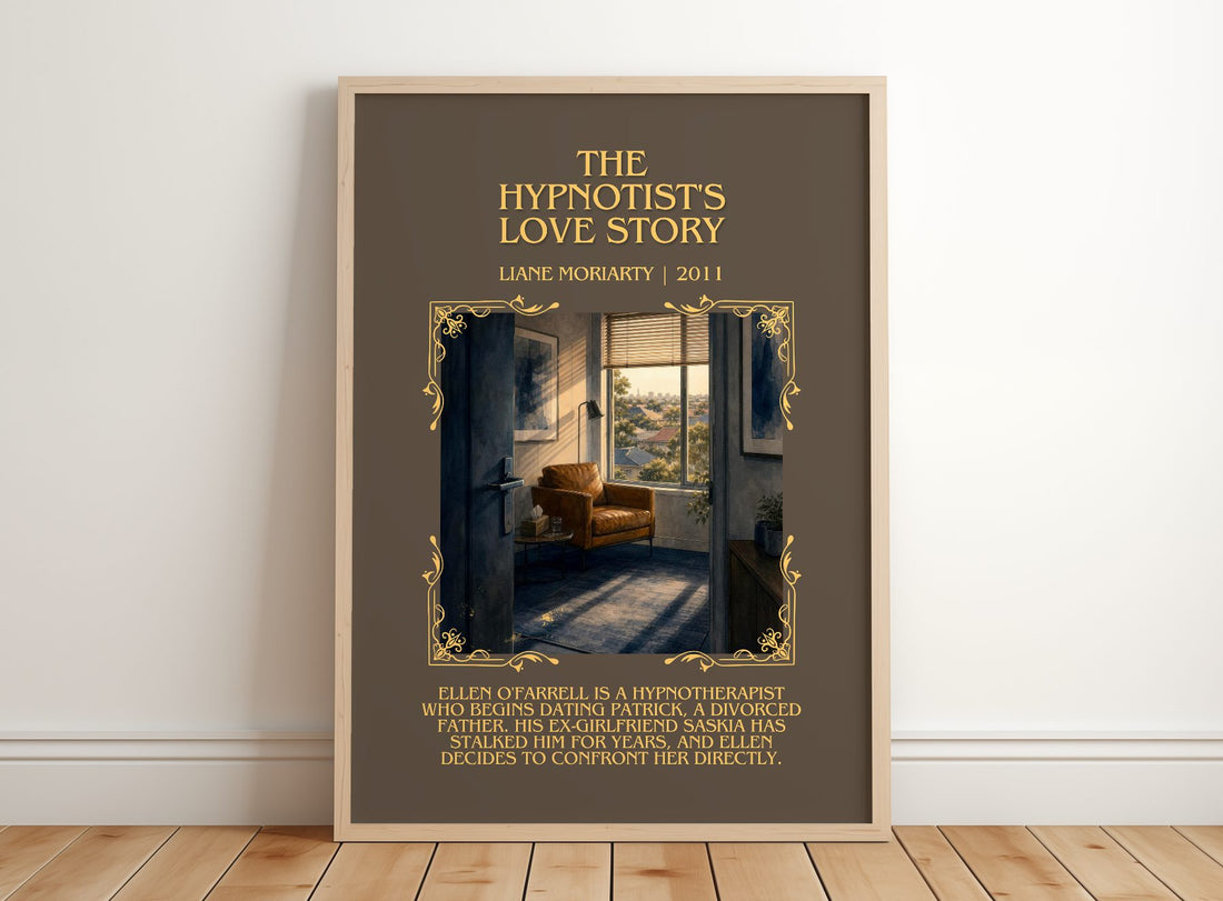 The Hypnotist'S Love Story Minimalist Book Poster by Liane Moriarty – framed print leaning on a wooden floor