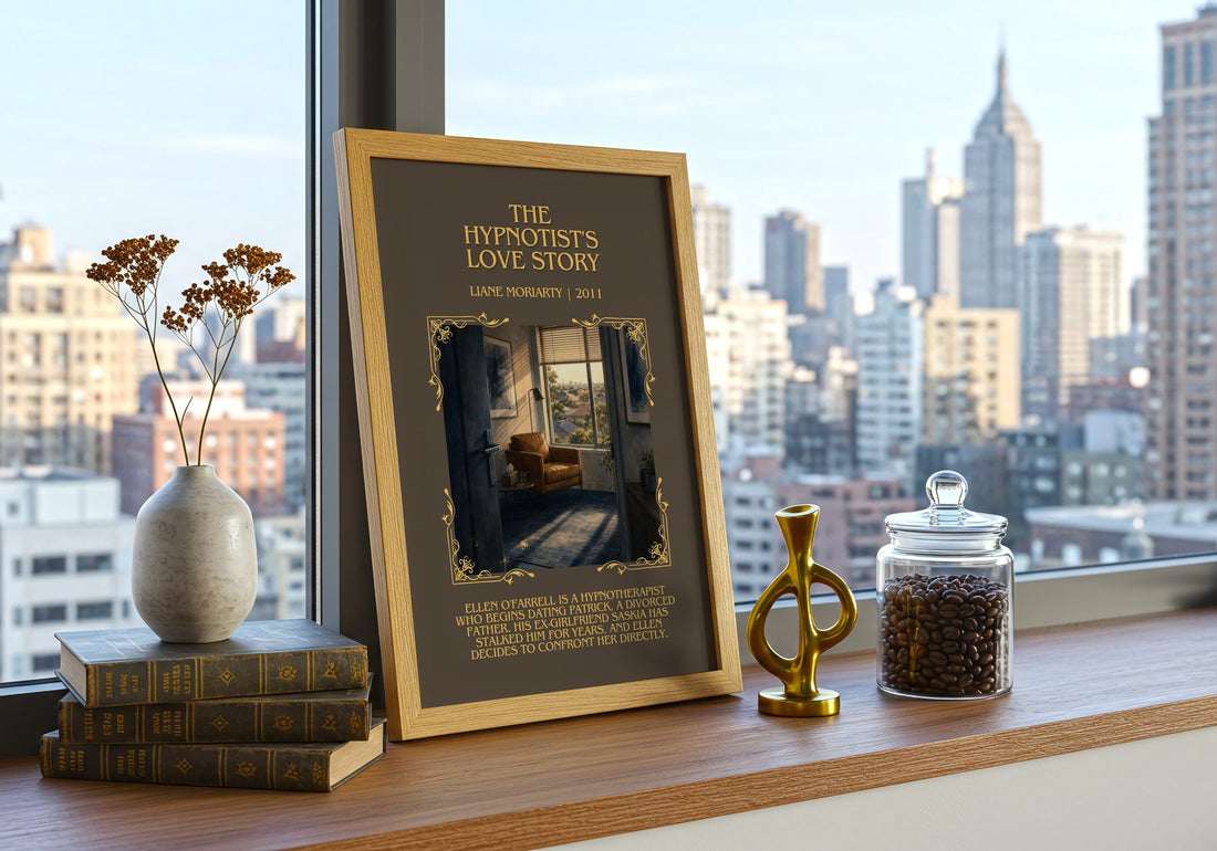 The Hypnotist'S Love Story Minimalist Book Poster by Liane Moriarty – framed print on a city-view windowsill