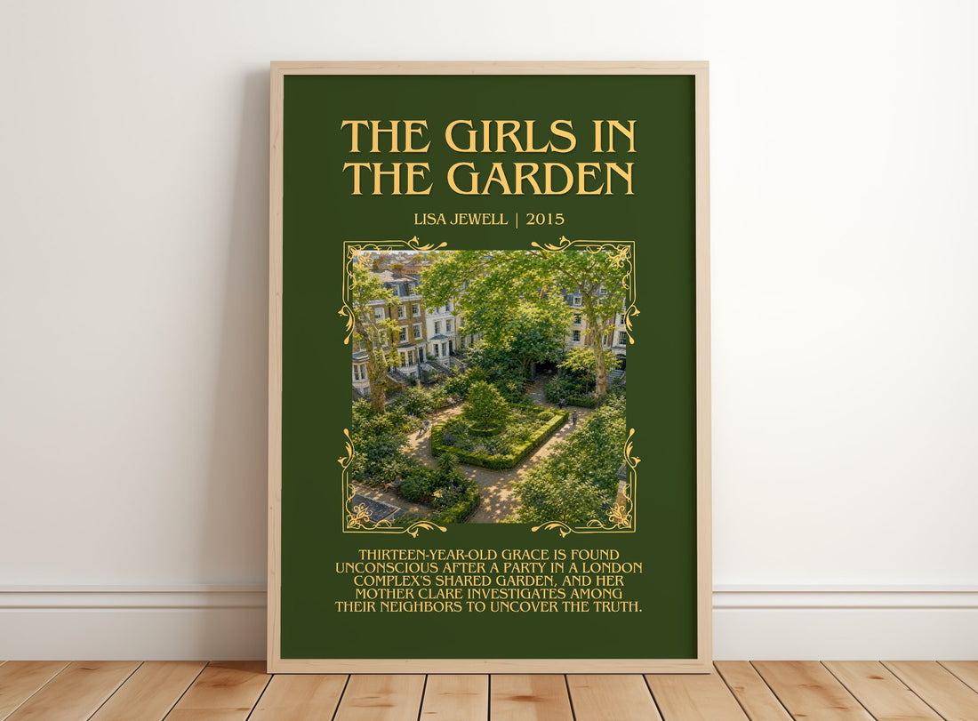 The Girls In The Garden Minimalist Book Poster by Lisa Jewell – framed print leaning on a wooden floor