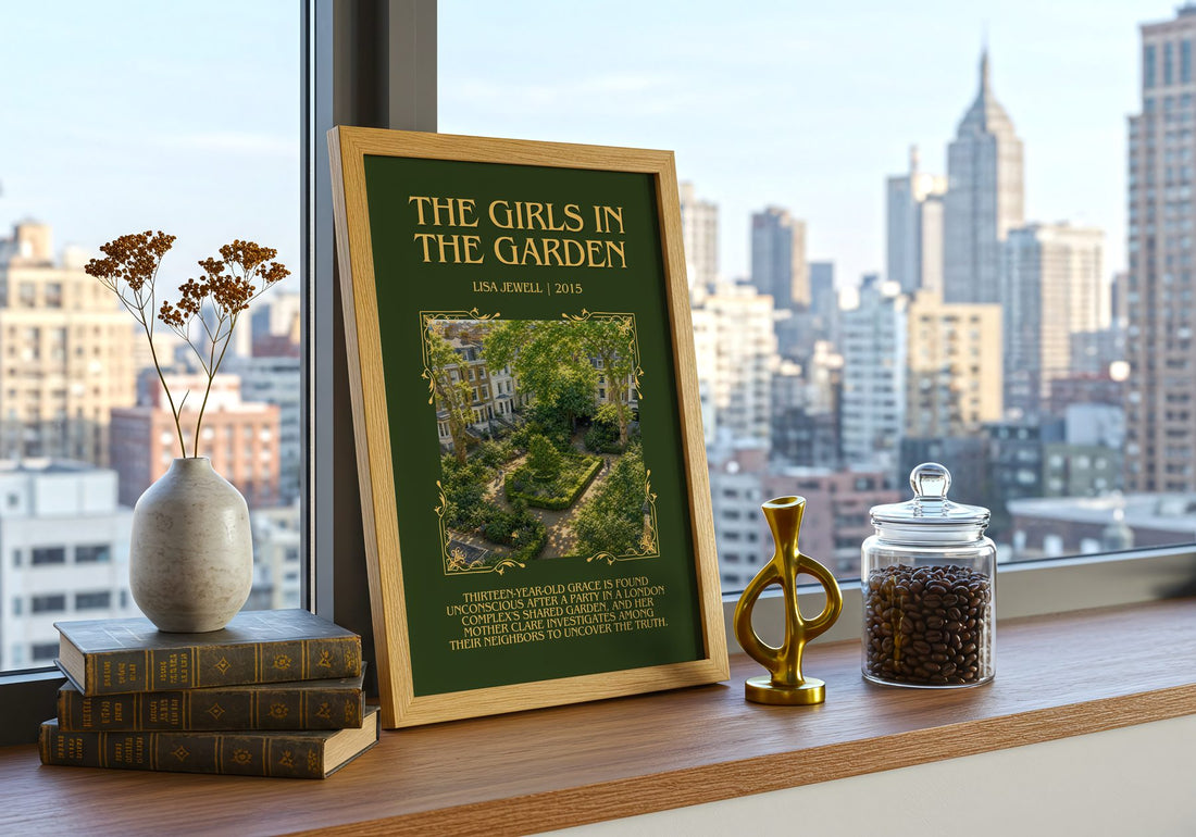 The Girls In The Garden Minimalist Book Poster by Lisa Jewell – framed print on a city-view windowsill