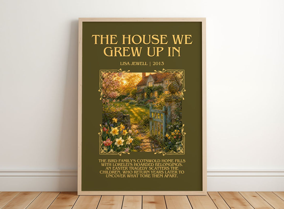 The House We Grew Up In Minimalist Book Poster by Lisa Jewell – framed print leaning on a wooden floor