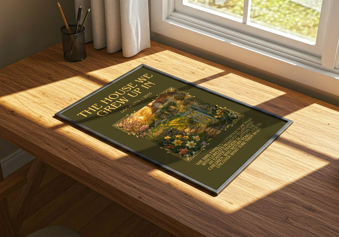 The House We Grew Up In Minimalist Book Poster by Lisa Jewell – print on a sunlit desk