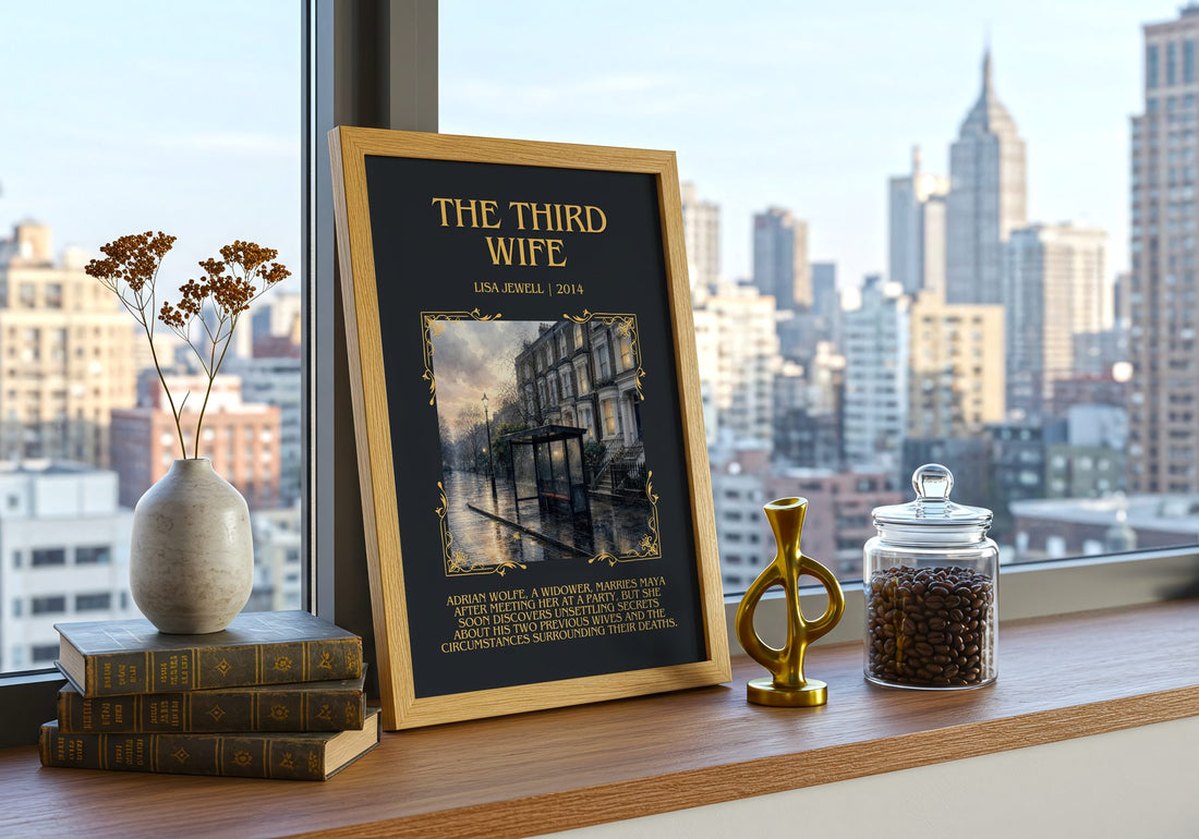 The Third Wife Minimalist Book Poster by Lisa Jewell – framed print on a city-view windowsill