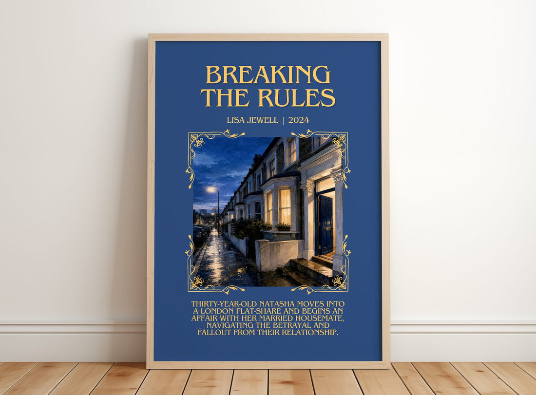 Breaking The Rules Minimalist Book Poster by Lisa Jewell – framed print leaning on a wooden floor