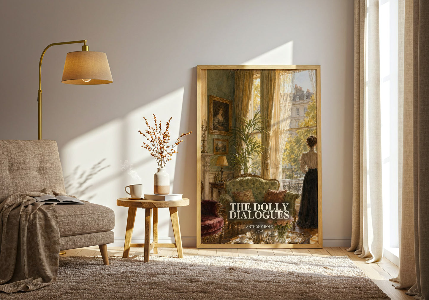 The Dolly Dialogues watercolour print in frame leaning in hallway – classic literature wall art