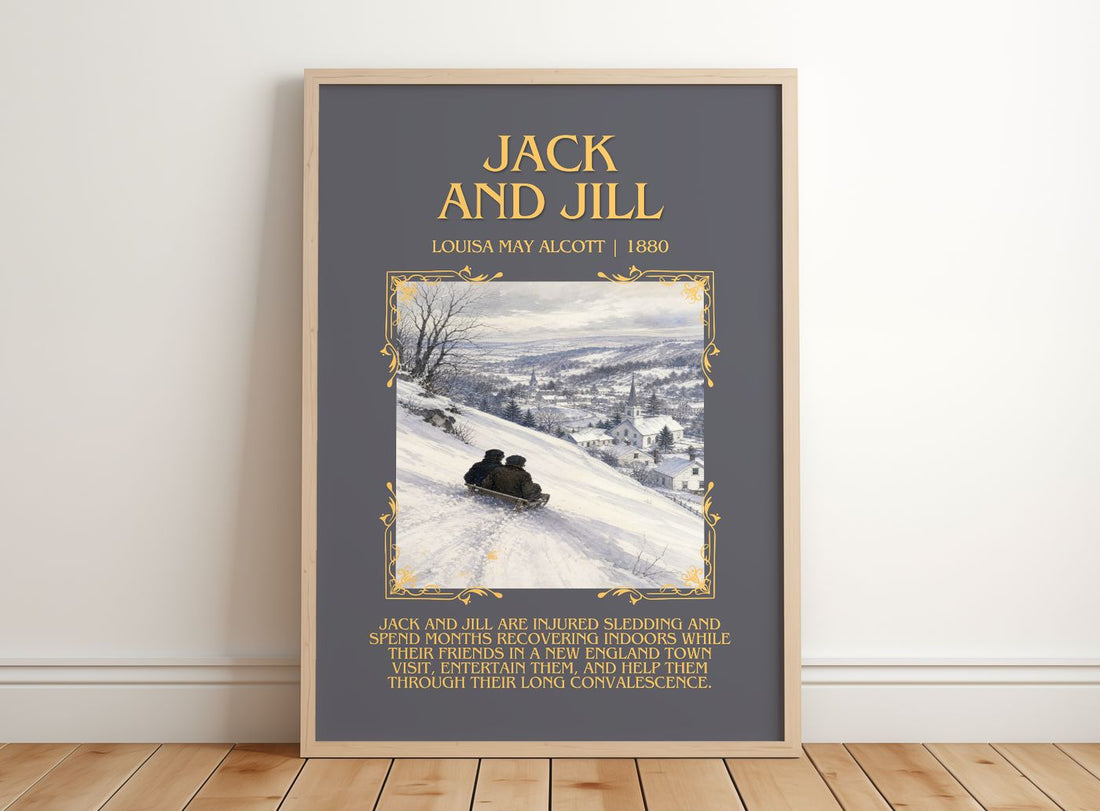 Jack And Jill Minimalist Book Poster by Louisa May Alcott – framed print leaning on a wooden floor