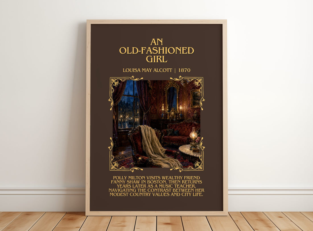 An Old-Fashioned Girl Minimalist Book Poster by Louisa May Alcott – framed print leaning on a wooden floor