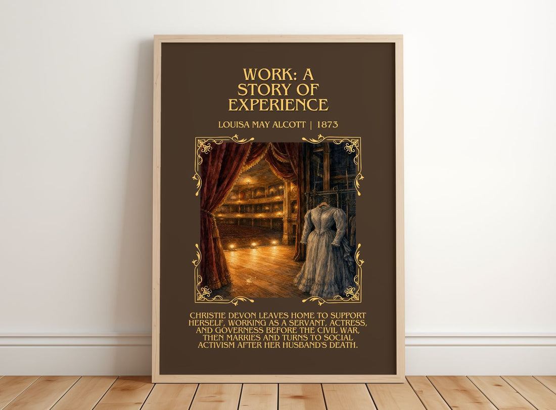 Work: A Story Of Experience Minimalist Book Poster by L. Alcott – framed print leaning on a wooden floor