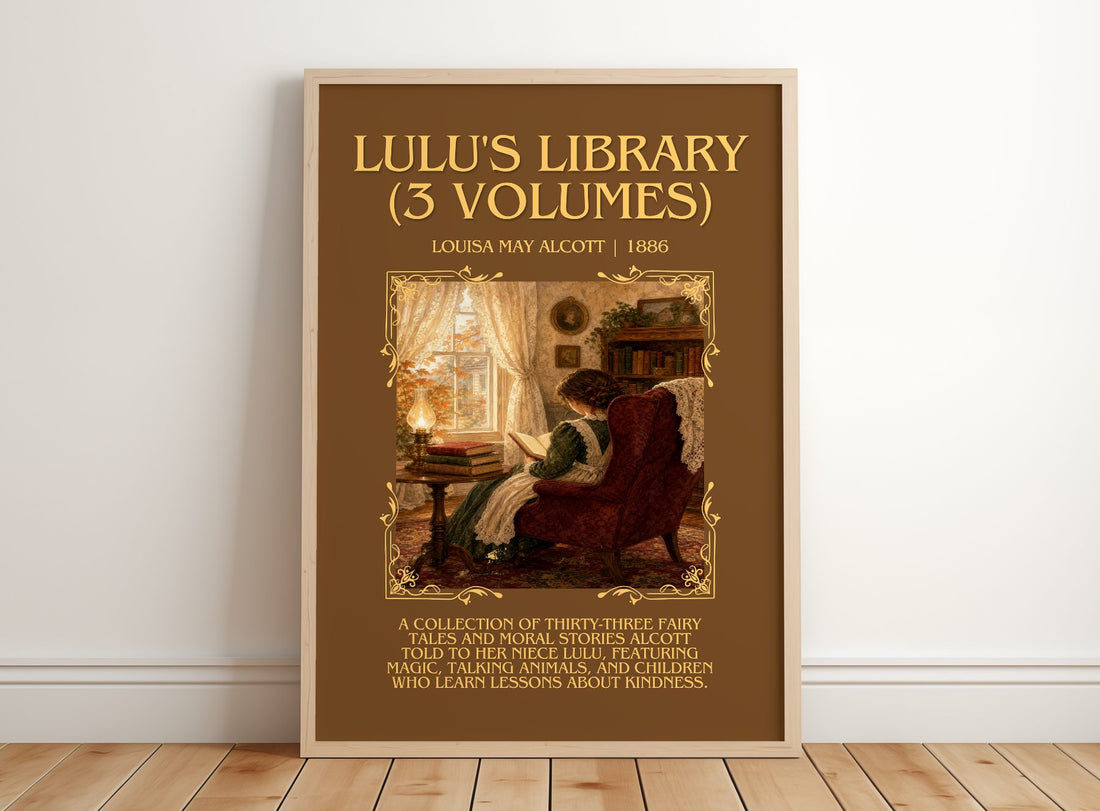 Lulu'S Library (3 Volumes) Minimalist Book Poster by Louisa May Alcott – framed print leaning on a wooden floor