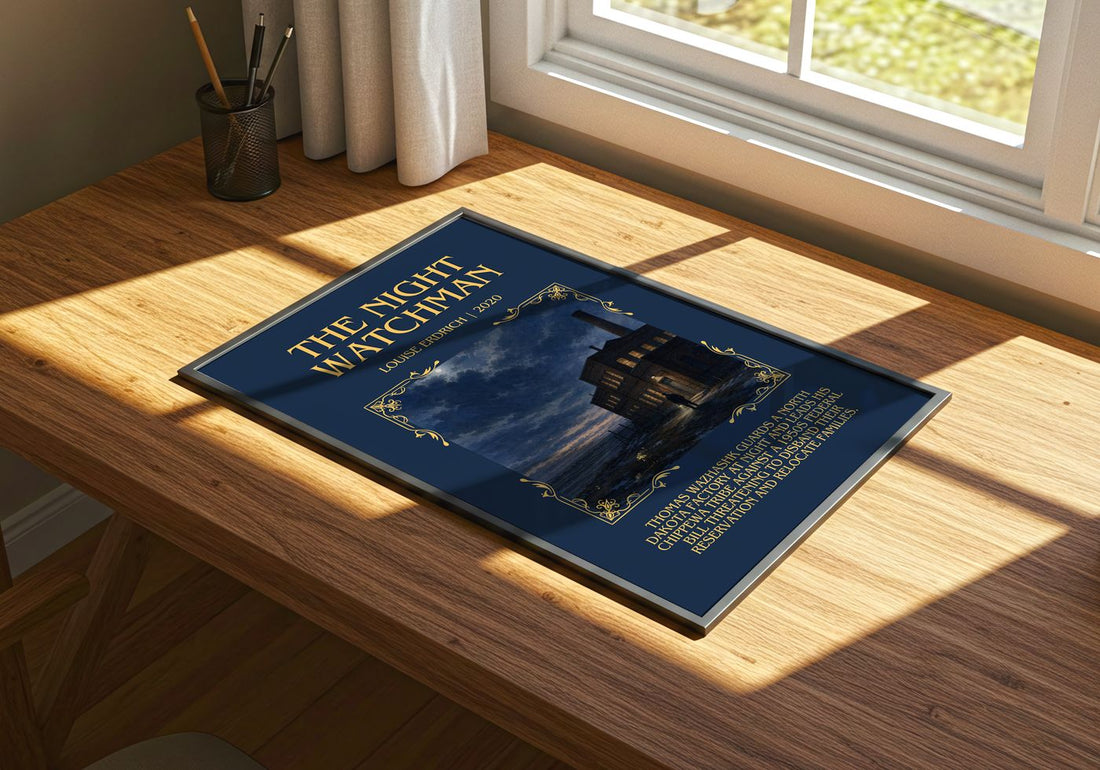 The Night Watchman Minimalist Book Poster by Louise Erdrich – print on a sunlit desk