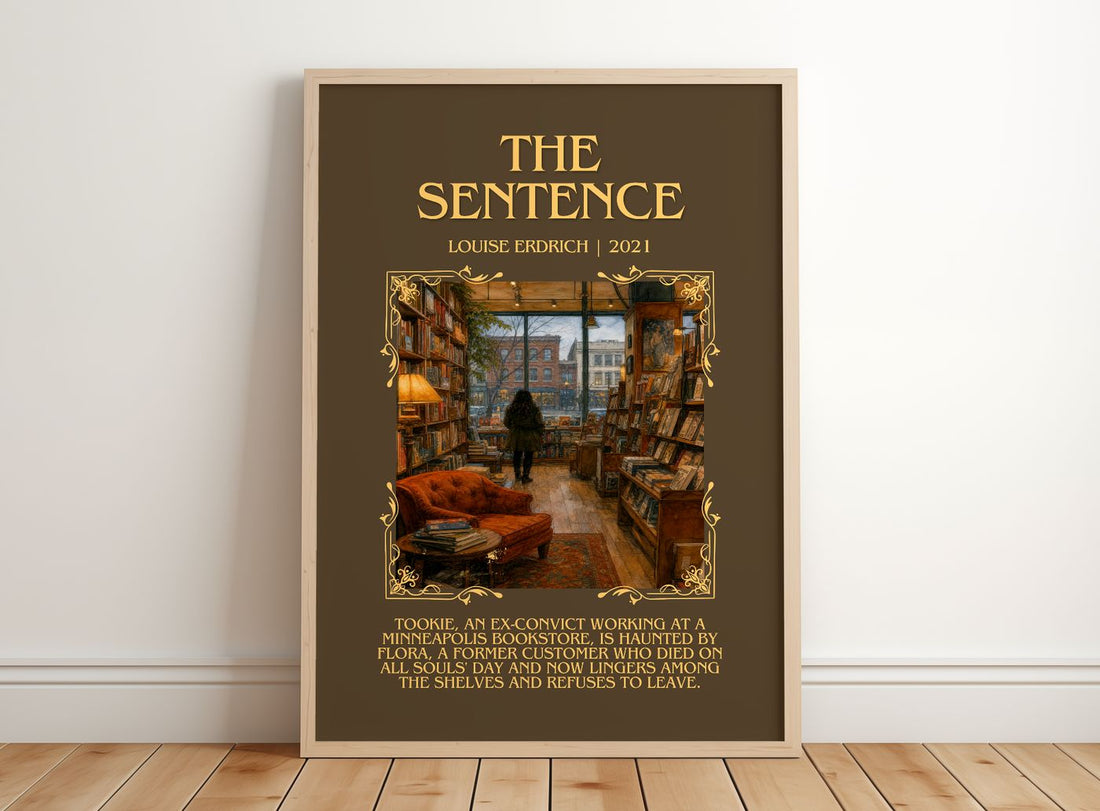 The Sentence Minimalist Book Poster by Louise Erdrich – framed print leaning on a wooden floor