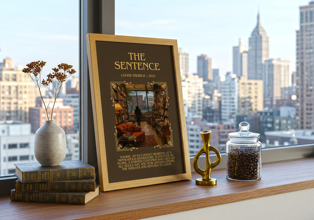 The Sentence Minimalist Book Poster by Louise Erdrich – framed print on a city-view windowsill