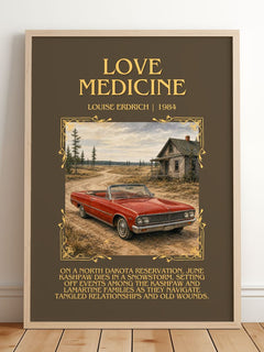 Love Medicine Minimalist Book Poster by Louise Erdrich – framed print leaning on a wooden floor