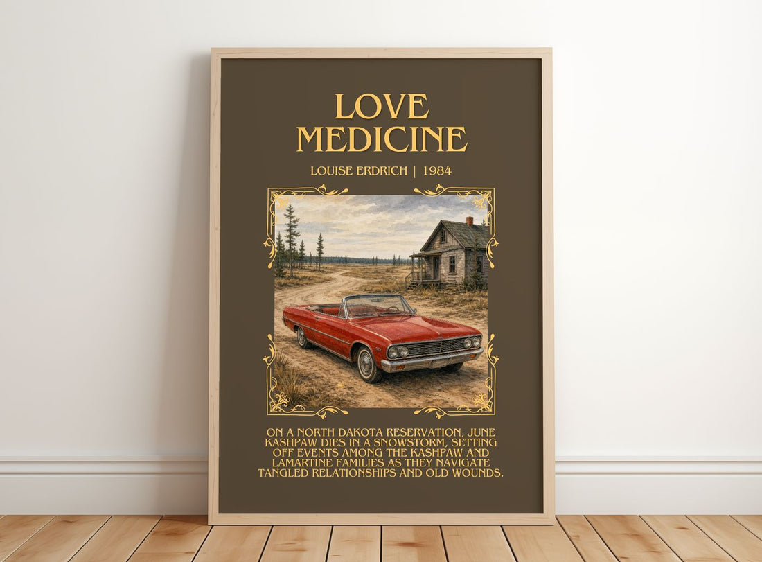 Love Medicine Minimalist Book Poster by Louise Erdrich – framed print leaning on a wooden floor