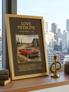 Love Medicine Minimalist Book Poster by Louise Erdrich – framed print on a city-view windowsill