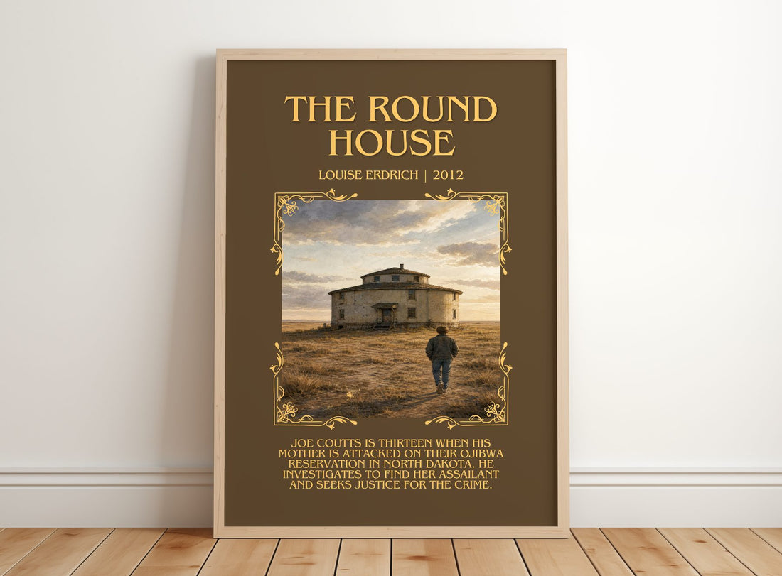 The Round House Minimalist Book Poster by Louise Erdrich – framed print leaning on a wooden floor
