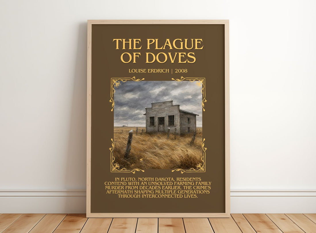 The Plague Of Doves Minimalist Book Poster by Louise Erdrich – framed print leaning on a wooden floor