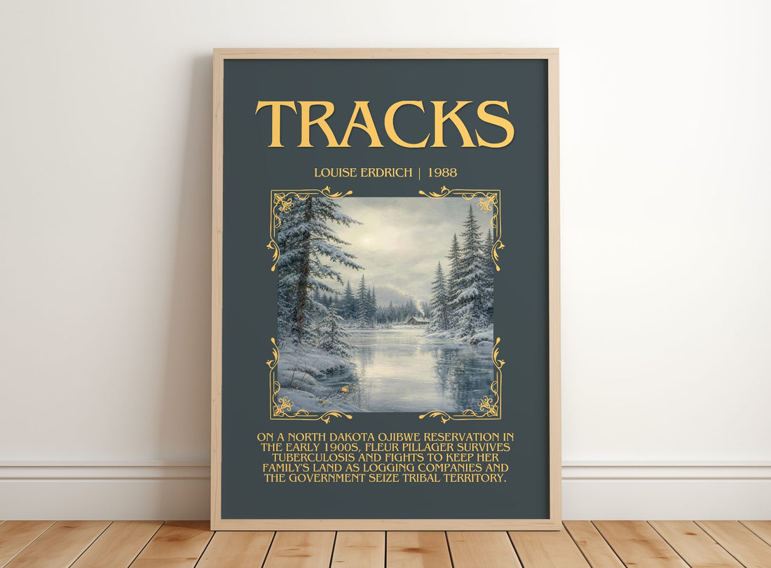 Tracks Minimalist Book Poster by Louise Erdrich – framed print leaning on a wooden floor