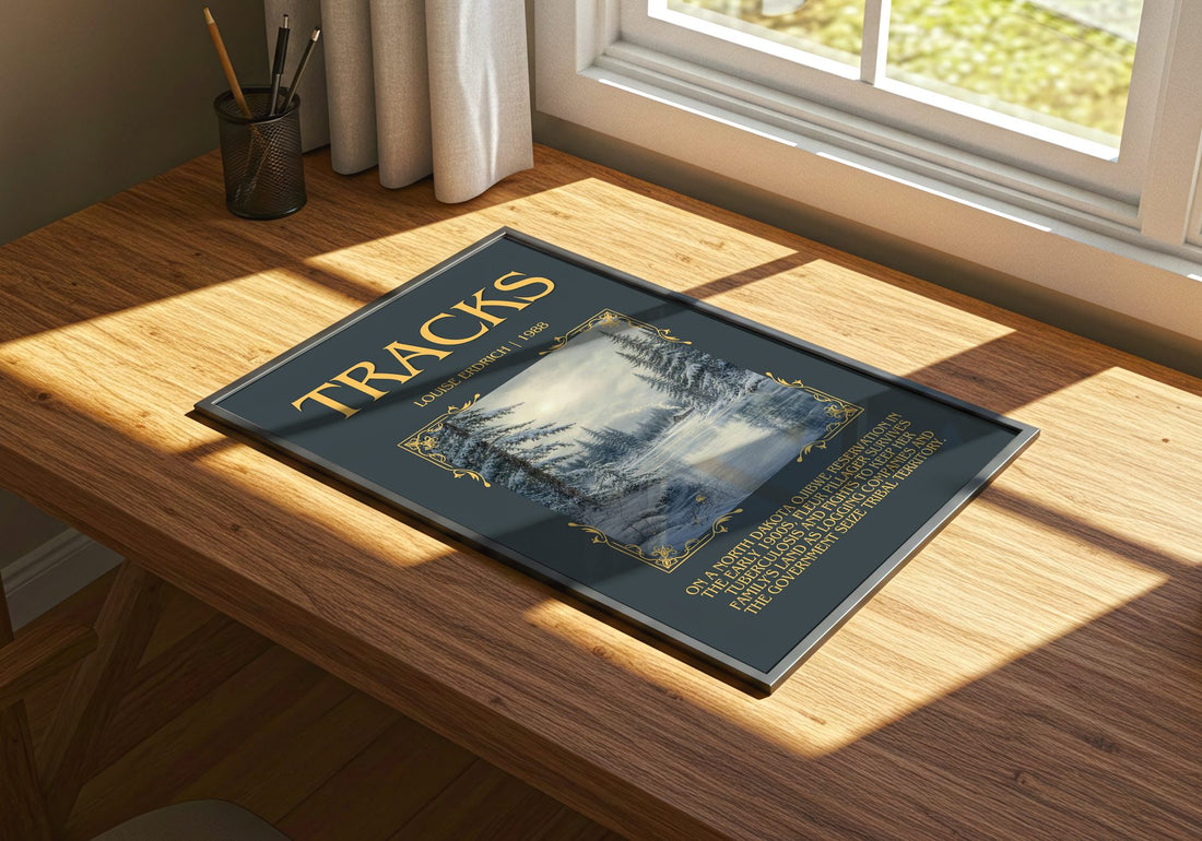 Tracks Minimalist Book Poster by Louise Erdrich – print on a sunlit desk