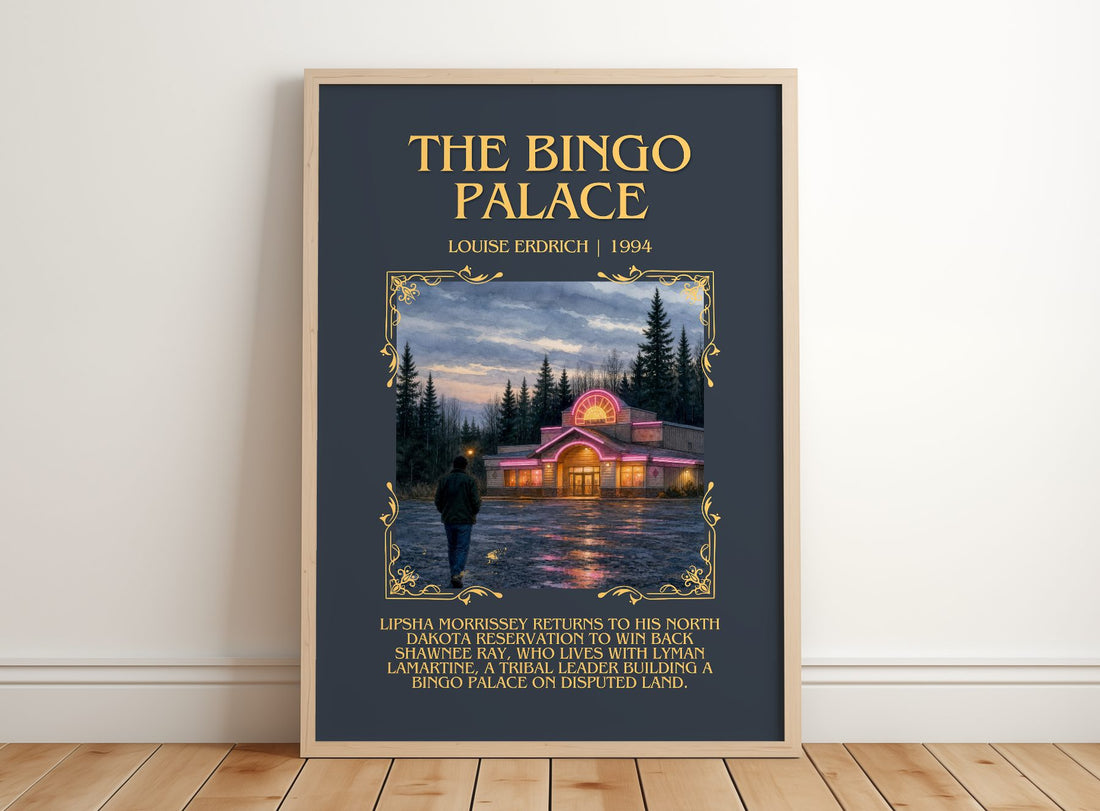 The Bingo Palace Minimalist Book Poster by Louise Erdrich – framed print leaning on a wooden floor