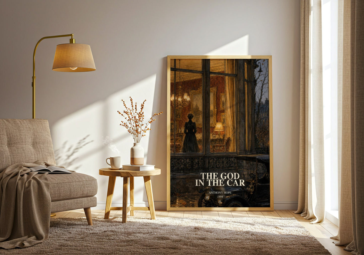 The God In The Car watercolour print in frame leaning in hallway – literary fiction wall art