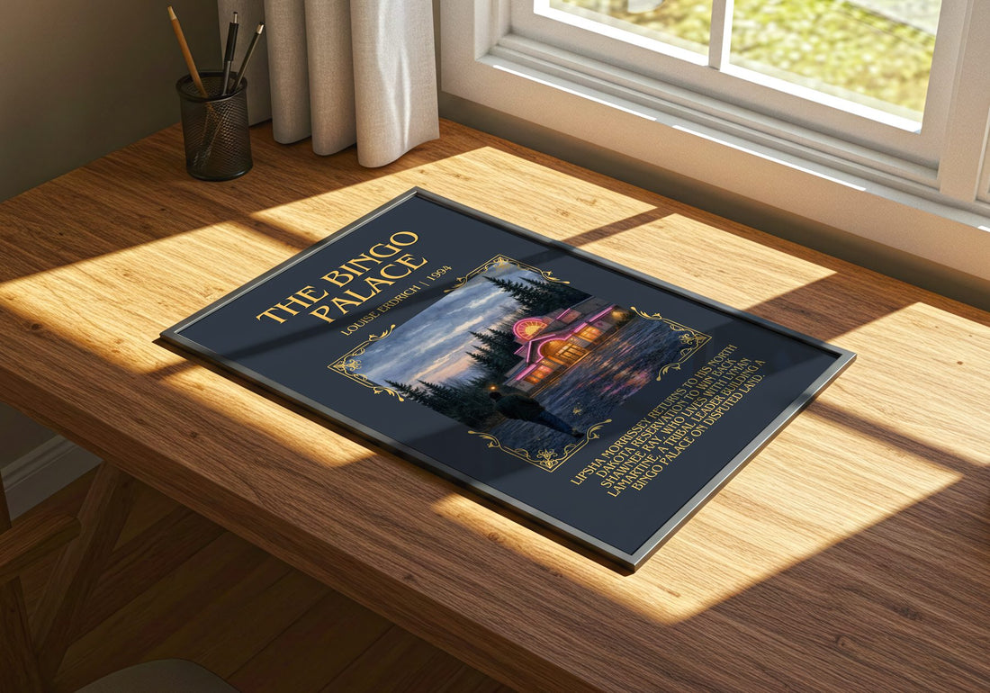 The Bingo Palace Minimalist Book Poster by Louise Erdrich – print on a sunlit desk
