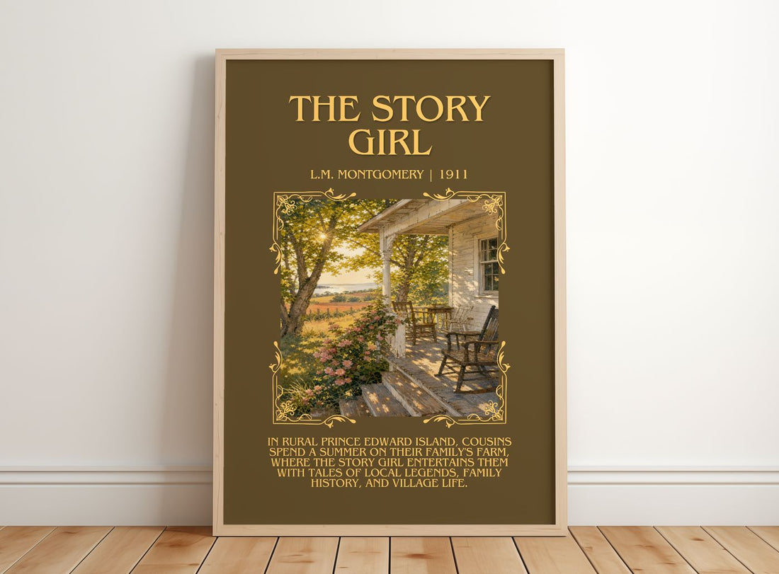 The Story Girl Minimalist Book Poster by L.M. Montgomery – framed print leaning on a wooden floor