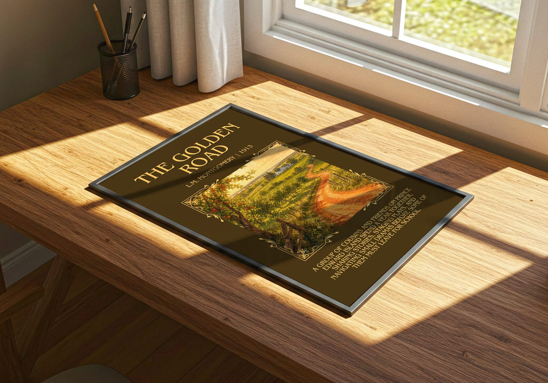 The Golden Road Minimalist Book Poster by L.M. Montgomery – print on a sunlit desk