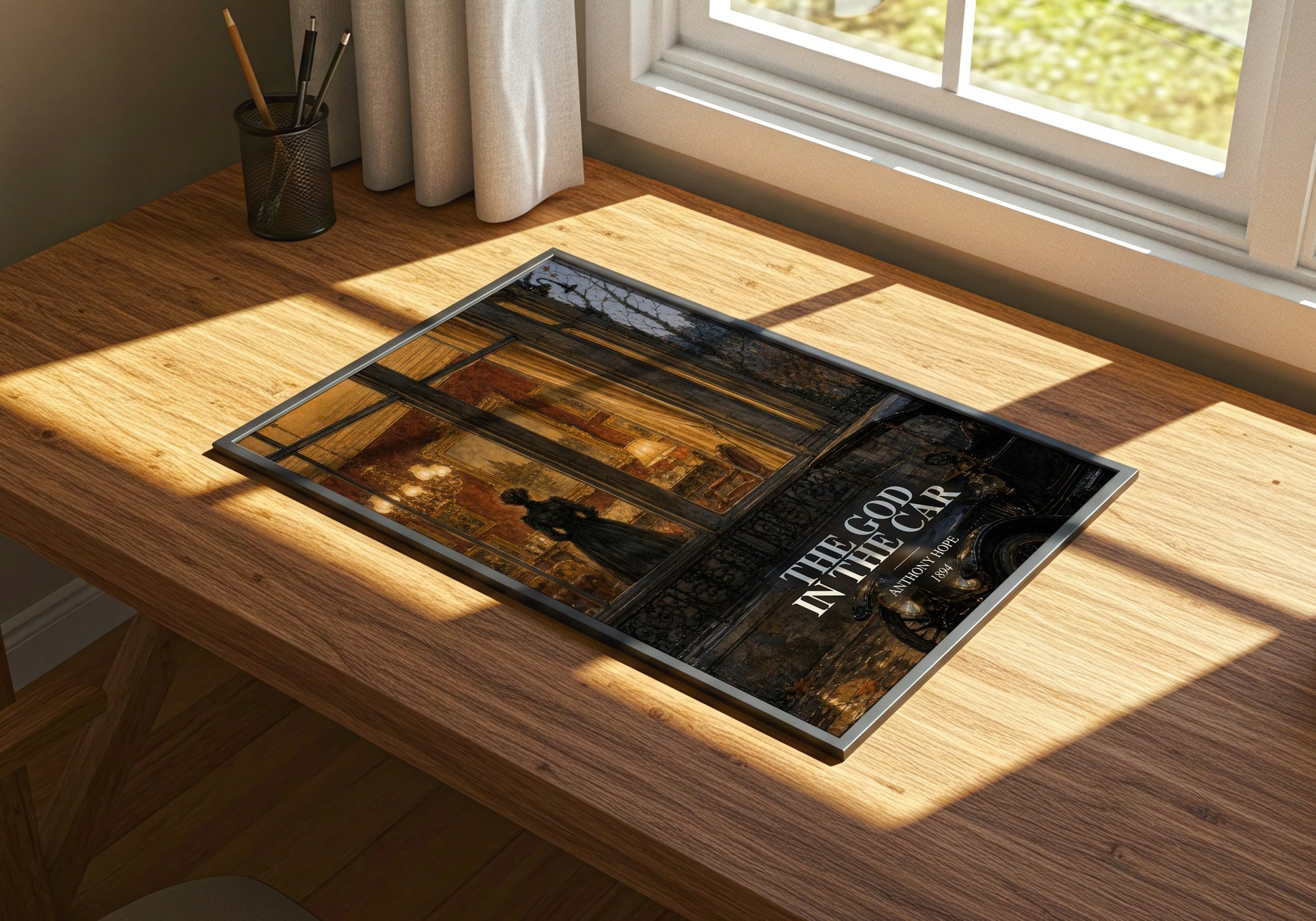 The God In The Car watercolour book poster framed on wall – literary fiction wall art