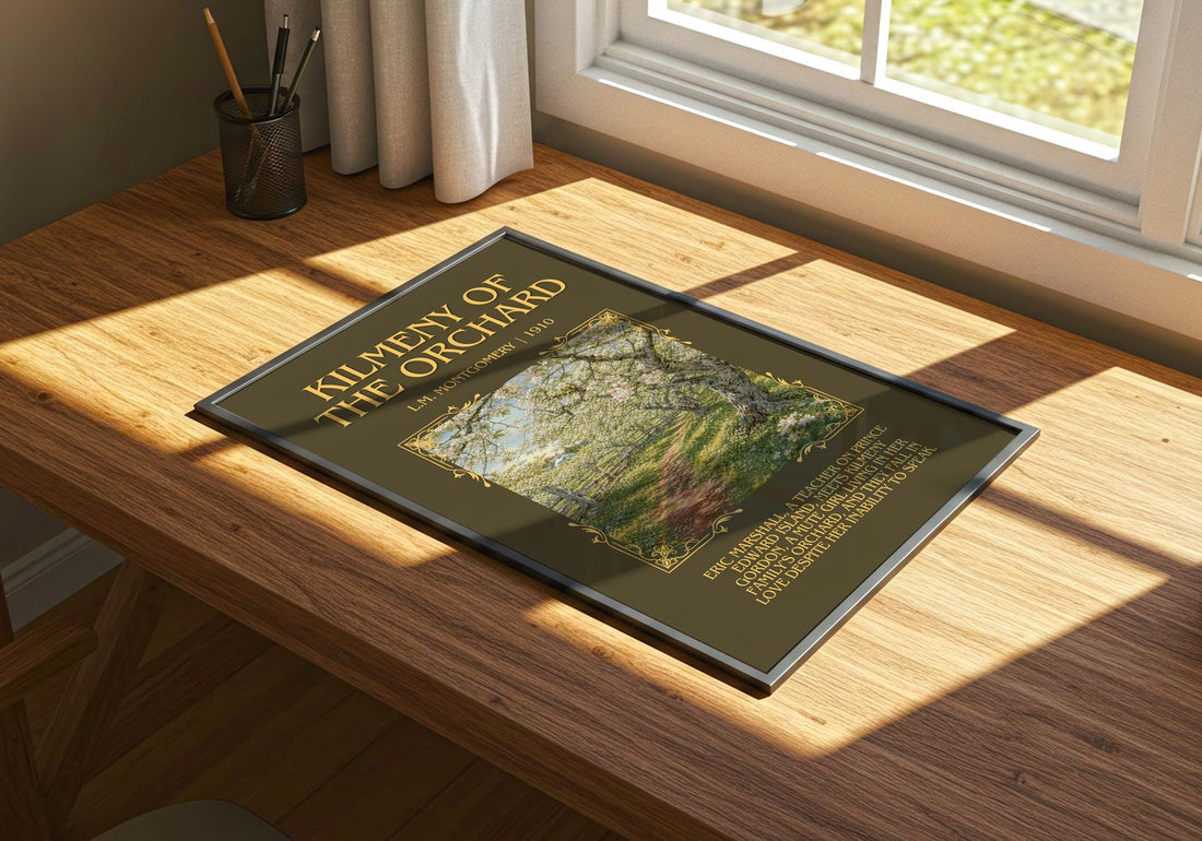 Kilmeny Of The Orchard Minimalist Book Poster by L.M. Montgomery – print on a sunlit desk