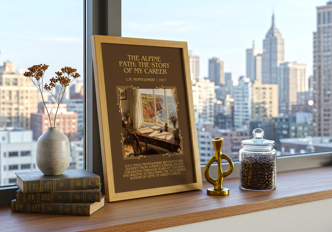 Alpine Path: The Story Of My Career Minimalist Book Poster – framed print on a city-view windowsill