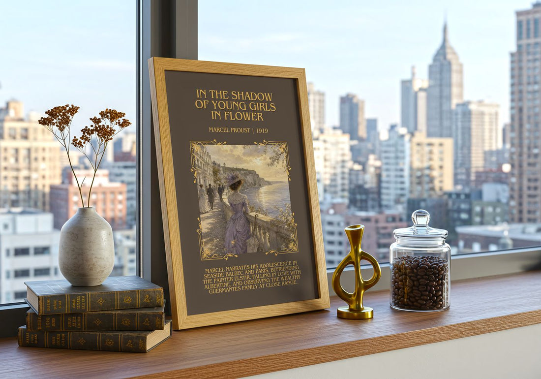 In The Shadow Of Young Girls In Flower Minimalist Book Poster – framed print on a city-view windowsill