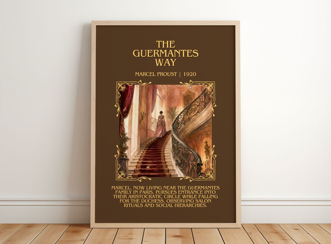 The Guermantes Way Minimalist Book Poster by Marcel Proust – framed print leaning on a wooden floor