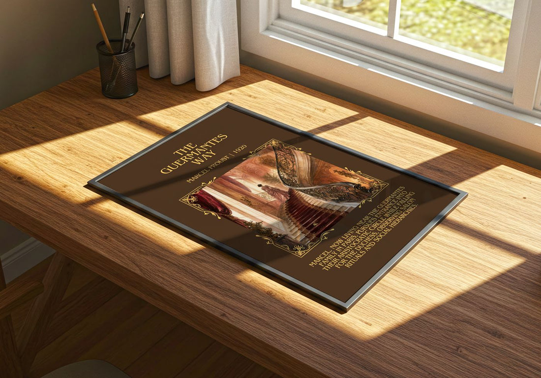The Guermantes Way Minimalist Book Poster by Marcel Proust – print on a sunlit desk