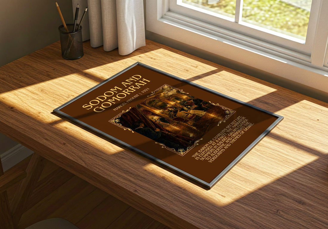 Sodom And Gomorrah Minimalist Book Poster by Marcel Proust – print on a sunlit desk