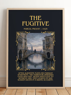 The Fugitive Minimalist Book Poster by Marcel Proust – framed print leaning on a wooden floor