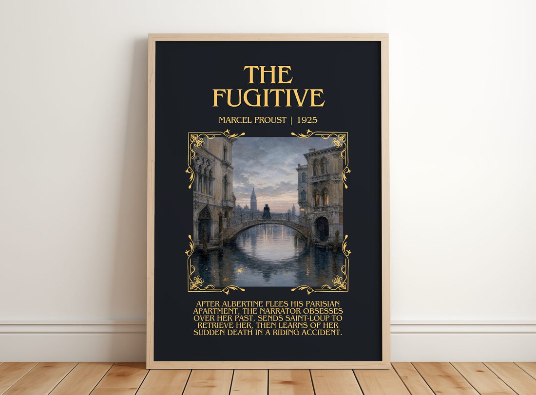The Fugitive Minimalist Book Poster by Marcel Proust – framed print leaning on a wooden floor