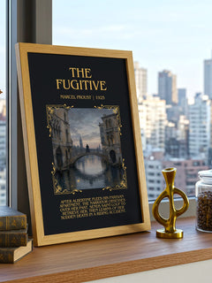 The Fugitive Minimalist Book Poster by Marcel Proust – framed print on a city-view windowsill