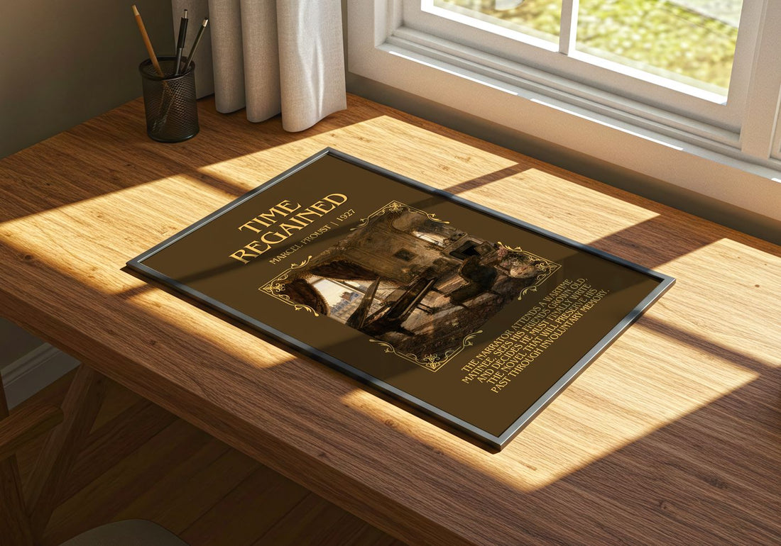 Time Regained Minimalist Book Poster by Marcel Proust – print on a sunlit desk