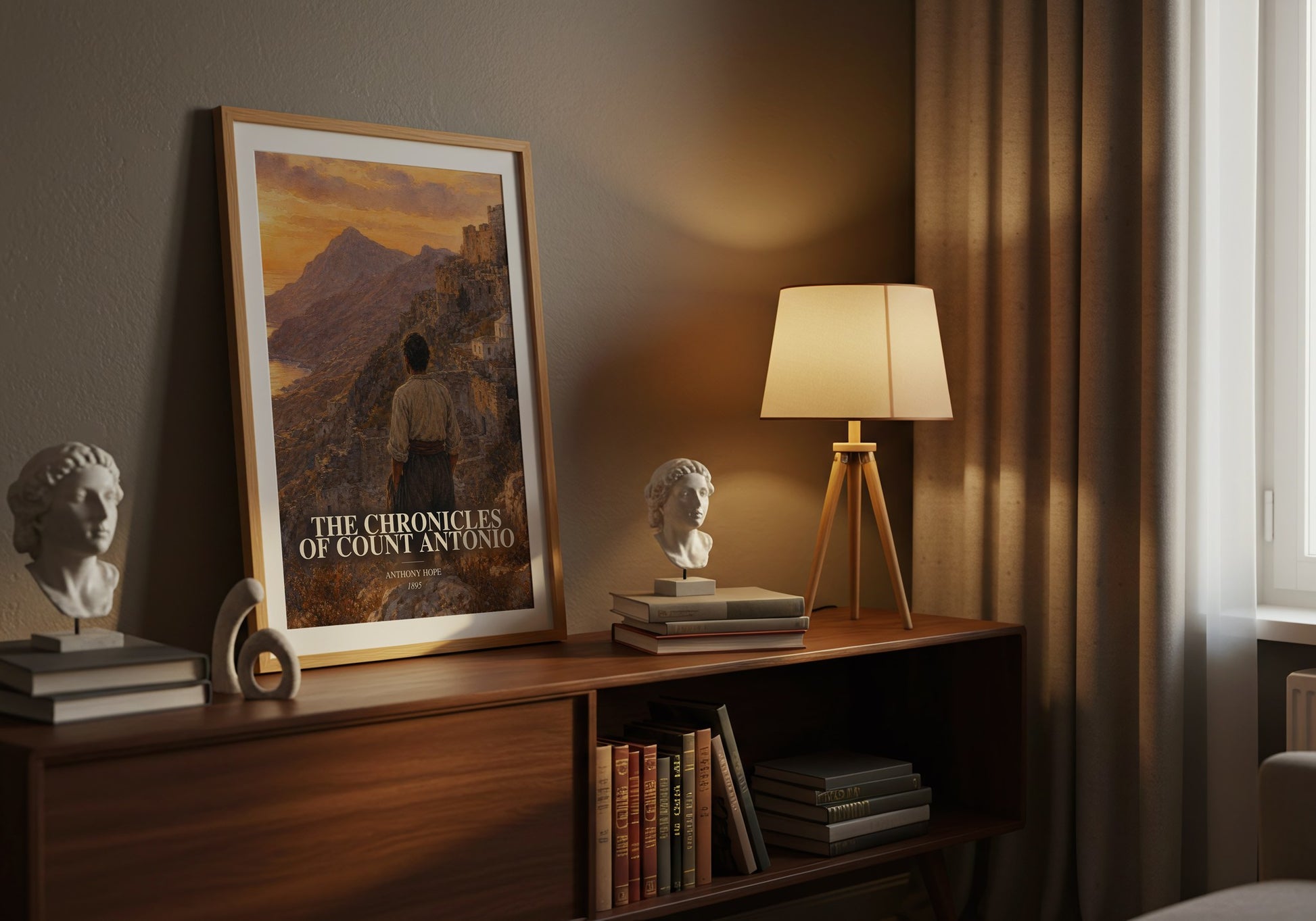 The Chronicles Of Count Antonio watercolour print on bookshelf – Anthony Hope fan gift