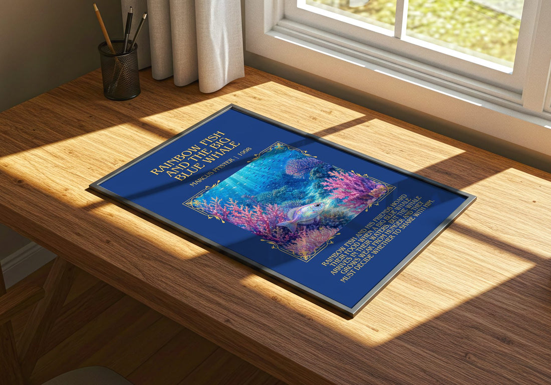 Rainbow Fish And The Big Blue Whale Minimalist Book Poster – print on a sunlit desk