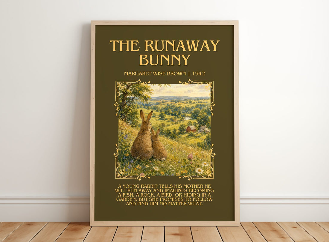 The Runaway Bunny Minimalist Book Poster by Margaret Wise Brown – framed print leaning on a wooden floor